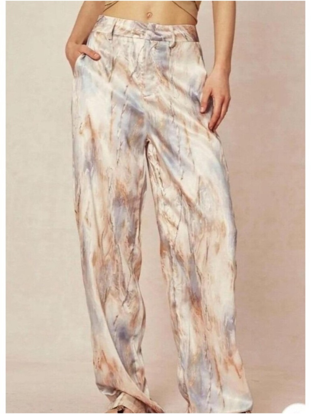 Micas High Rise Wide Leg Loose Fit Marble Watercolor Satin Pants Size Large